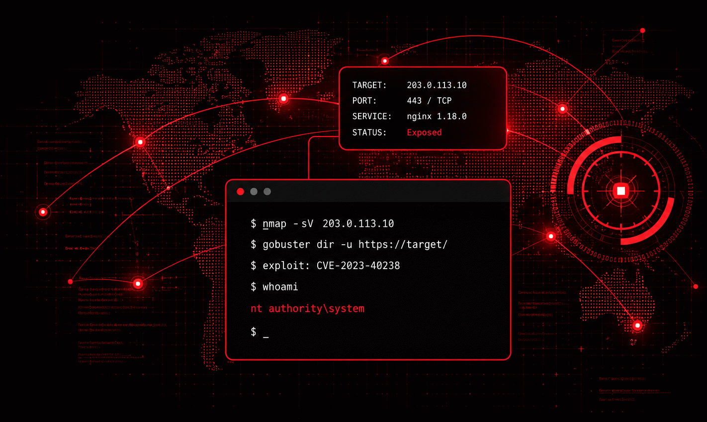 Technical penetration testing illustration showing target reconnaissance, terminal activity, attack routes, and a network radar interface