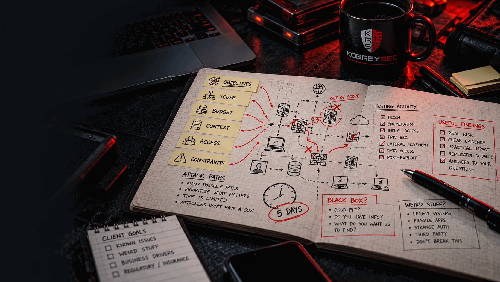 Penetration tester field notes showing objectives, scope, budget, constraints, attack paths, testing activity, and useful findings.